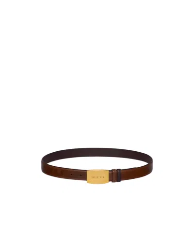 Gucci Reversible Belt With Plaque Buckle In Brown