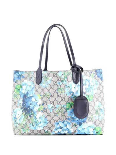 Pre-owned Gucci Reversible Blooms Gg Print Leather Medium Tote Bag In Blue