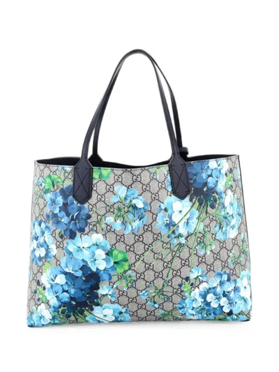 Pre-owned Gucci Reversible Blooms Gg Print Leather Medium Tote Bag In Blue