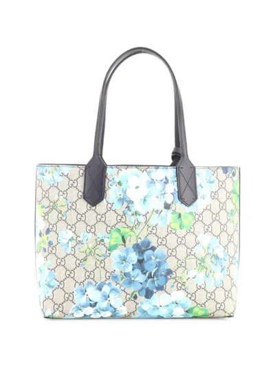 Pre-owned Gucci Reversible Blooms Gg Print Leather Small Tote Bag In Blue
