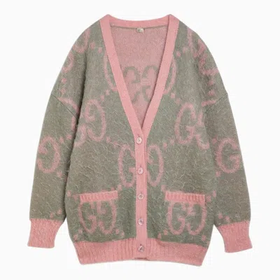 GUCCI GUCCI REVERSIBLE CARDIGAN WITH GG INLAY GREY/PINK WOMEN