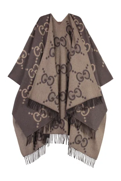Gucci Reversible Cashmere Poncho With Leather And Fringe Details In Brown