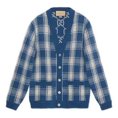 GUCCI GUCCI REVERSIBLE CHECKED WOOL CARDIGAN 'BLUE IVORY'
