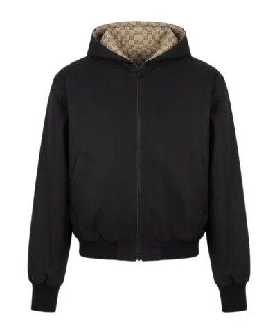 Gucci Reversible Cotton Canvas Zip Jacket In Black