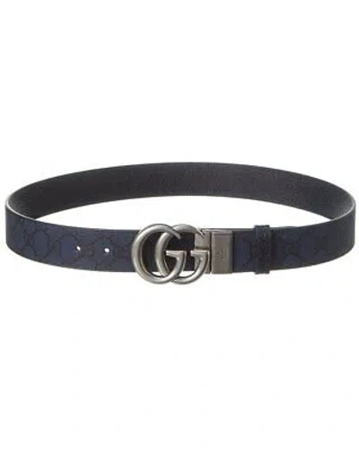 Pre-owned Gucci Reversible Gg Supreme Canvas & Leather Belt Men's In Blue