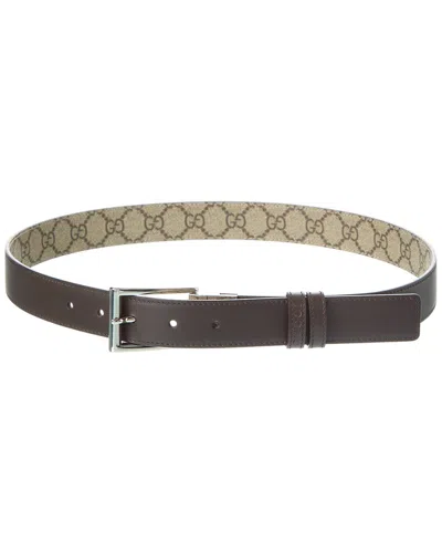 Pre-owned Gucci Reversible Gg Supreme Canvas & Leather Belt Men's In Brown