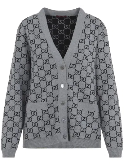 Gucci Reversible Gg Wool Jacquard Cardigan In Gray