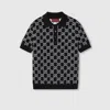 Gucci Black Polo Shirt With Ribbed Trims In Gg Canvas Woman In Black