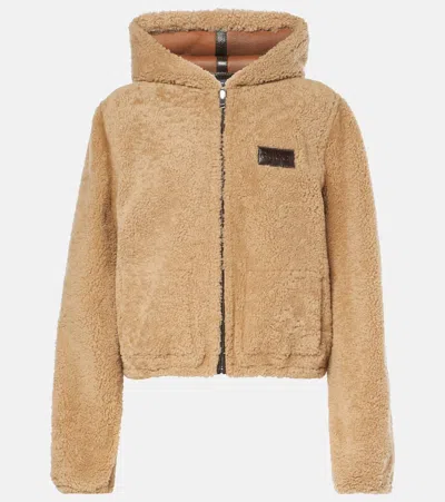 Gucci Women Beige Reversible Shearling Jacket With Hood And Logo Patch On The Front In Leather And F In Multi