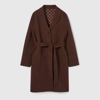 Gucci Brown Reversible Double-breasted Coat With Notched Revers And Belt In Wool Woman