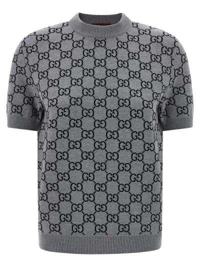 Gucci Grey Reversible Crewneck Sweater With Ribbed Trims In Gg Wool Jacquard Woman In Gray