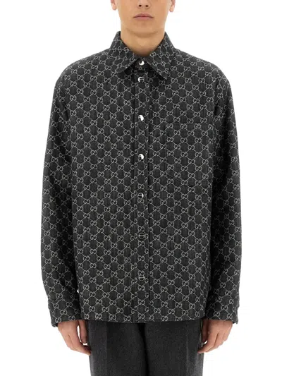 Gucci Reversible Wool And Denim Gg Shirt In Black