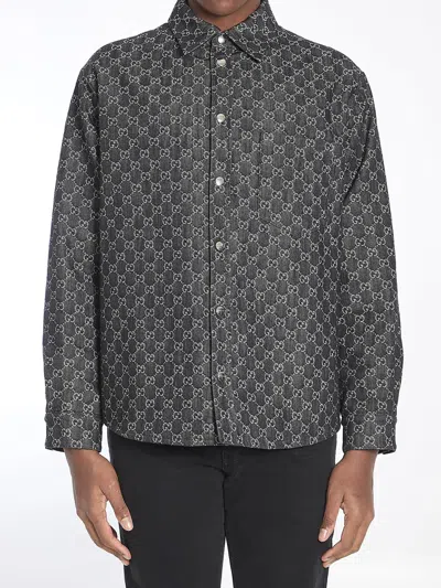 Gucci Embrodiered Denim Reversible Shirt In Gray