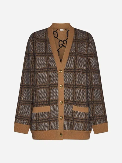 Gucci Reversible Wool Cardigan In Camel,blue