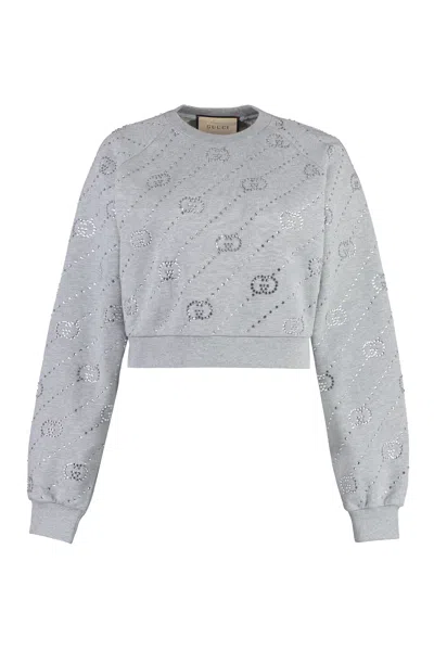 Gucci Crystal-embellished Interlocking G-logo Felted Sweatshirt In Grey