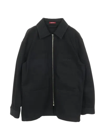 Pre-owned Gucci Rhinestone Logo Zip-up Denim Jacket In Black