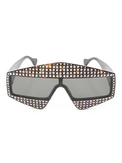 Pre-owned Gucci Rhinestone Rectangular Sunglasses In Brown
