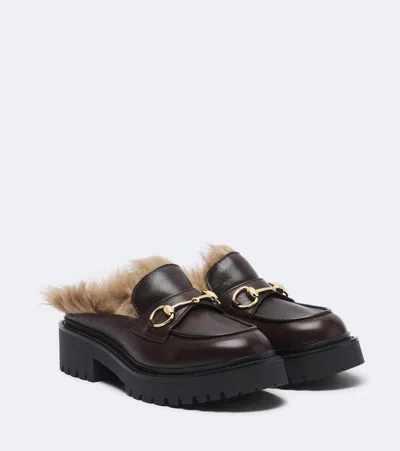 Gucci Rhody Shearling-lined Leather Platform Mules In Black