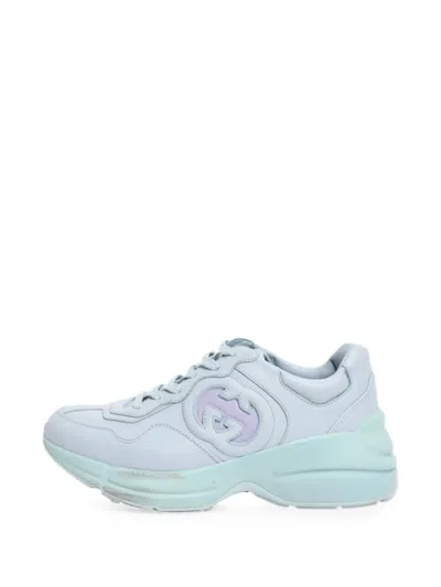 Pre-owned Gucci Rhyton Lace-up Leather Sneakers In Blue