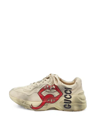 Pre-owned Gucci Rhyton Mouth-print Sneakers In Neutrals