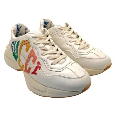 Pre-owned Gucci Rhyton Rainbow Logo Leather Sneakers, Ivory, Eu 37 In Sand