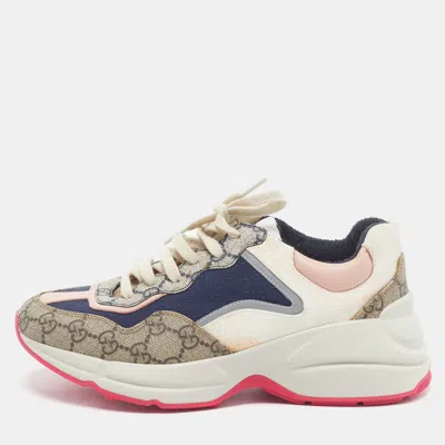 Pre-owned Gucci Rhyton Size 37.5 Multicolor Coated Canvas And Leather Supreme Gg Lace Up Sneakers
