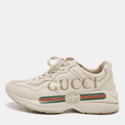 Pre-owned Gucci Rhyton Size 38 Beige Leather Low Top Sneakers In White