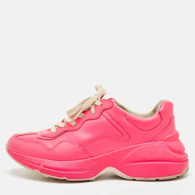 Pre-owned Gucci Rhyton Size 38 Neon Pink Leather Lace Up Sneakers