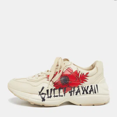 Pre-owned Gucci Rhyton Size 39.5 Beige Leather Hawaii Print Low Top Sneakers In Sand