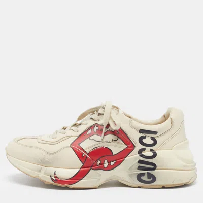 Pre-owned Gucci Rhyton Size 42.5 Cream Leather Lace Up Sneakers In White