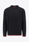 Gucci Black Crewneck Sweater With Web Detail In Ribbed Wool Blend Man In Black