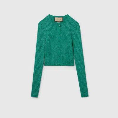 Gucci Rib Lamé Crewneck Cardigan In Green