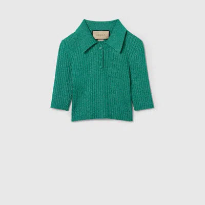 Gucci Rib Lamé Cropped Polo Shirt In Green