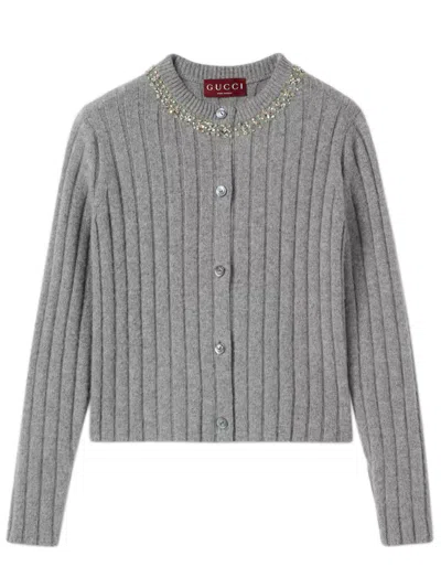 Gucci Rib Soft Wool And Cashmere Cardigan In Gray