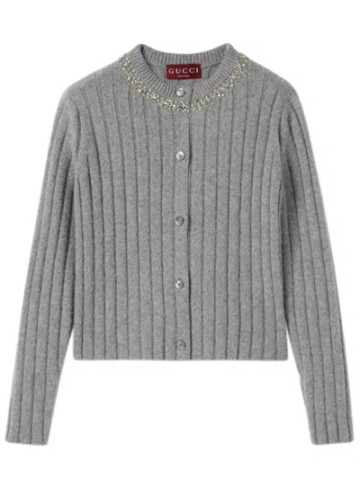 Gucci Rib Soft Wool And Cashmere Cardigan In Gray