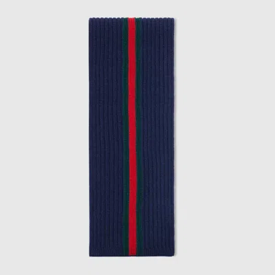 Gucci Kids' Rib Wool Scarf With Web In Blue