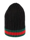 Gucci Ribbed Black Beanie With Striking Greenaccent