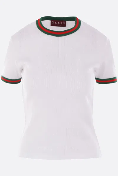 Gucci Women White Crewneck T-shirt With Web Detail On The Edges In Cotton Woman