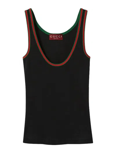 Gucci Black Ribbed Top With Web Detail On The Edges In Cotton Woman