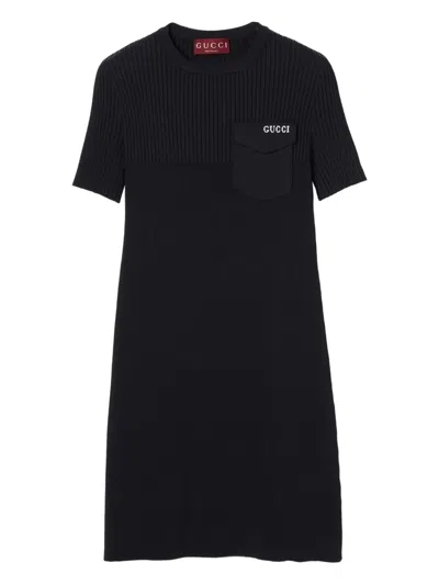 Gucci Ribbed Intarsia Pocket Midi Dress In Black
