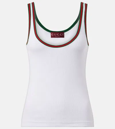 Gucci White Ribbed Top With Web Detail On The Edges In Cotton Woman