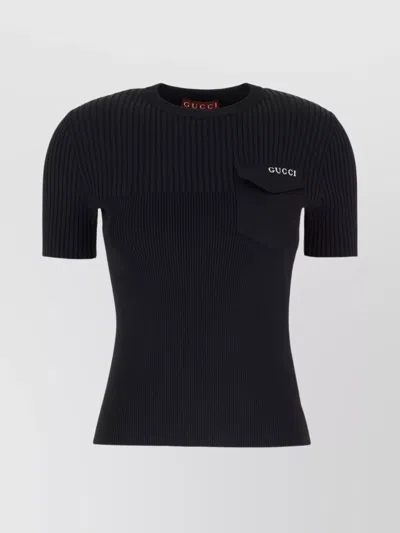 Gucci Ribbed Texture Chest Pocket Short Sleeves T-shirt In Black