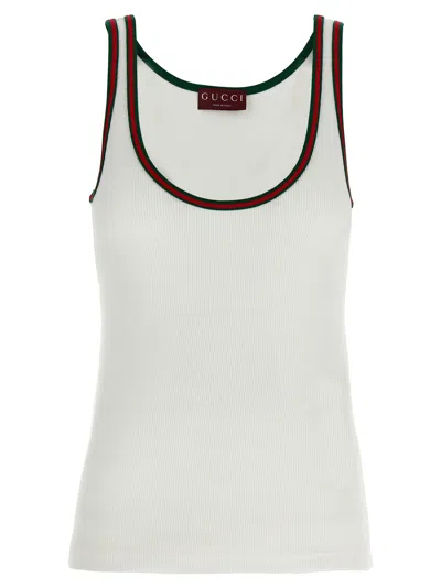 Gucci Women White Ribbed Top With Web Detail On The Edges In Cotton Woman