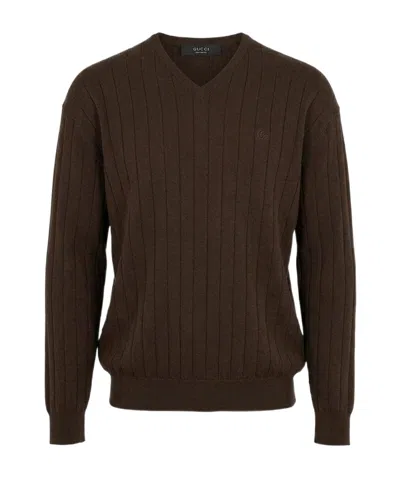 Gucci Double G Silk And Cotton Sweater In Brown