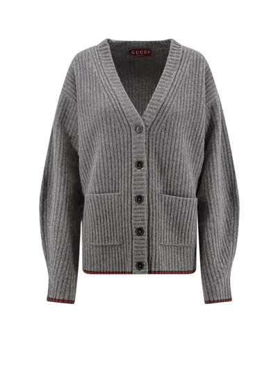 Gucci Women Ribbed Knit Wool Cardigan In Gray