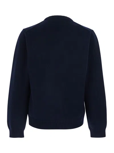 Gucci Ribbed Wool Crewneck Sweatshirt With Intarsia Logo In Blue