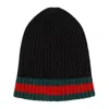 Gucci Ribbed Black Beanie With Striking Greenaccent In Black