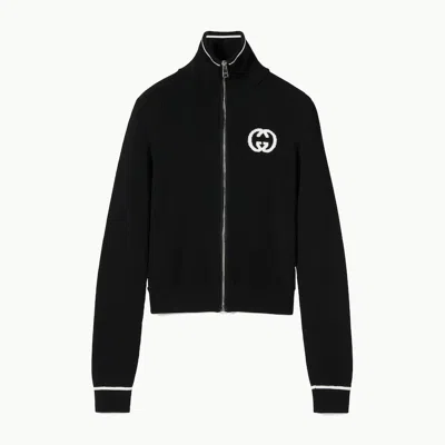 Gucci Ribbed Zip Jacket With Intarsia In Black
