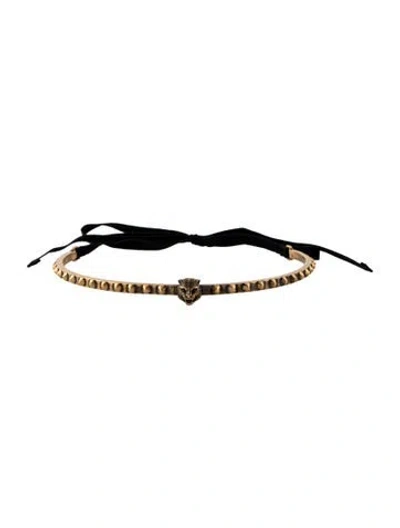 Pre-owned Gucci Ribbon Feline Head Choker Necklace, 28.5" In Black