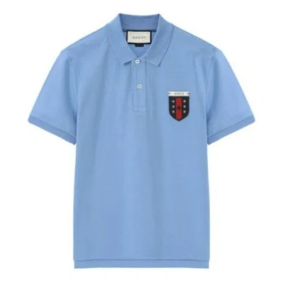 Gucci Ribbon Shield Short Sleeve Polo Shirt For Men Blue